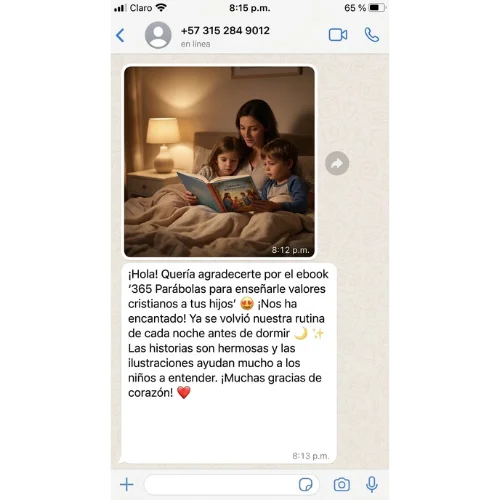 Testimonio de WhatsApp: mamá leyendo 365 Parábolas con sus hijos antes de dormir