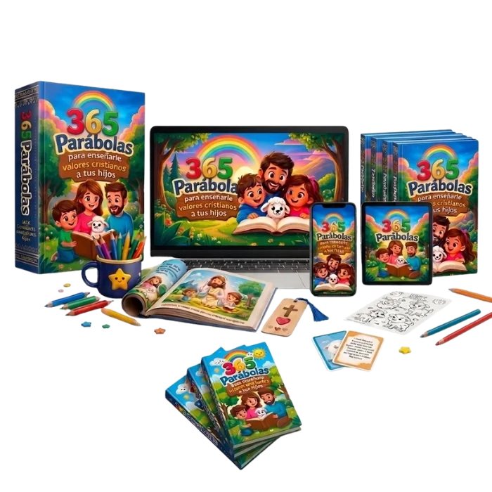 Pack de 365 Parábolas: libro, laptop, tablet y teléfonos con las historias para cada día