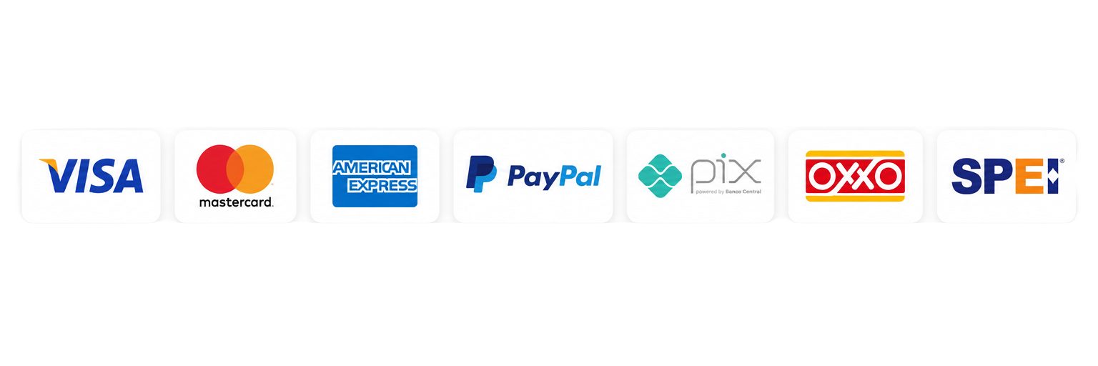 Métodos de pago: Visa, Mastercard, American Express, PayPal, PIX, OXXO y SPEI